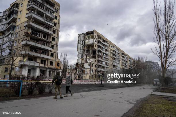 View of the bombed building in Dnipro and daily life around the building, on February 21, 2023 in Dnipro, Ukraine. More than a month to the day since...