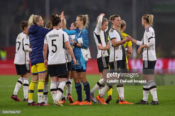 Players of Germany gestures after the Women's friendly match between Germany and Sweden at Schauinsland-Reisen-Arena on February 21, 2023 in...