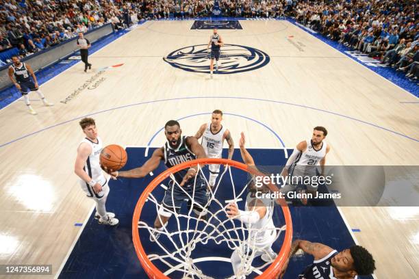 Christian Wood of the Dallas Mavericks drives to the basket during the game against the Memphis Grizzlies on October 22, 2022 at the American...