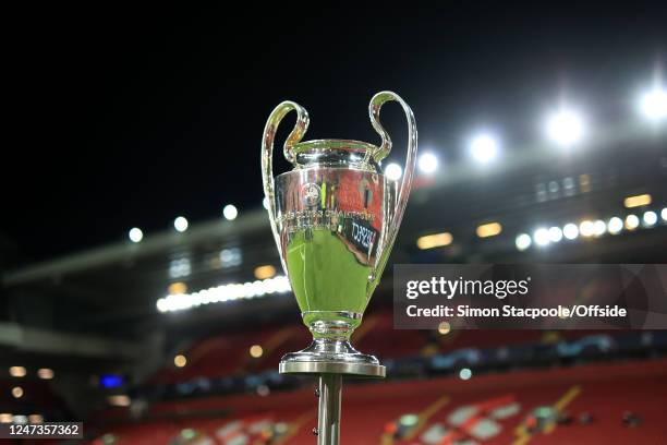 The Champions League trophy is displayed at Anfield ahead of the UEFA Champions League Round of 16 Leg One match between Liverpool FC and Real Madrid...