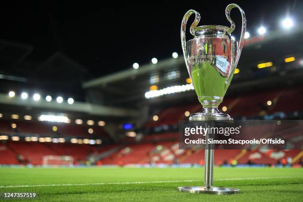 The Champions League trophy is displayed at Anfield ahead of the UEFA Champions League Round of 16 Leg One match between Liverpool FC and Real Madrid...