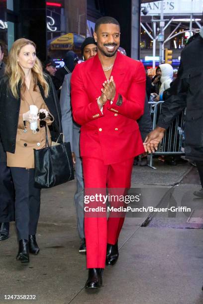 Michael B. Jordan is seen arriving at "Good Morning America" on February 21, 2023 in New York City.