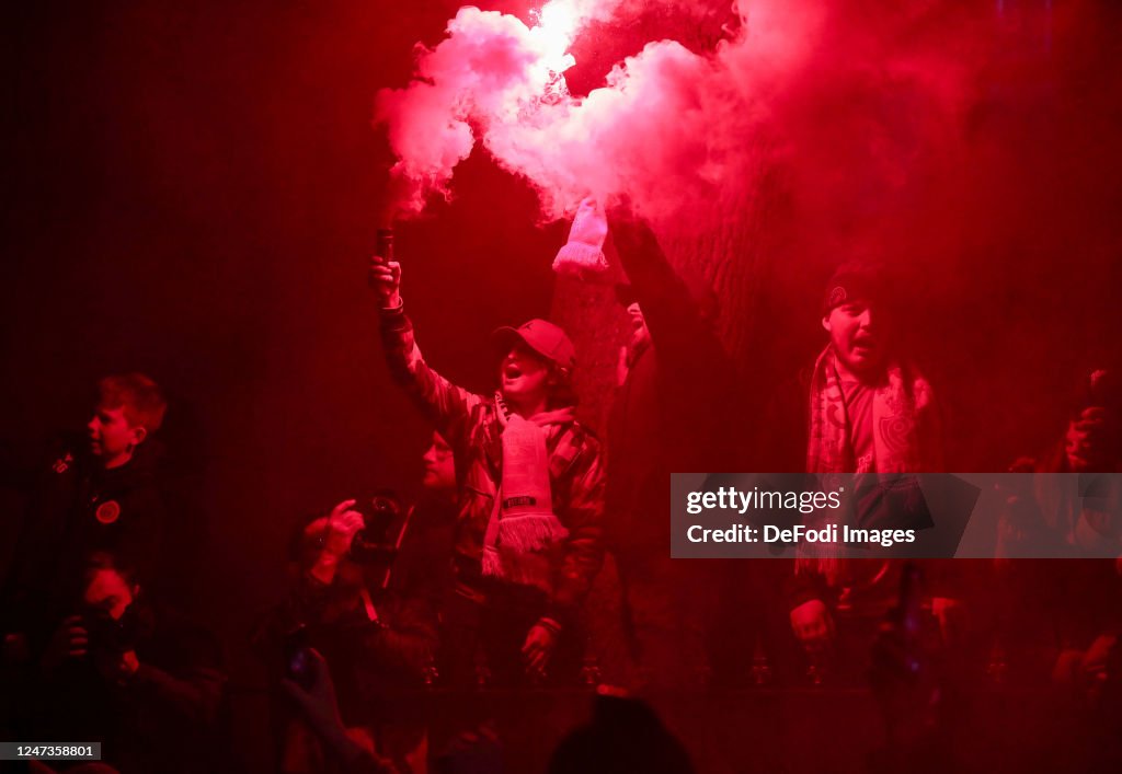 Liverpool Pyro Liverpool FC fans burn pyrotechnics in front of the stadium prior to ...