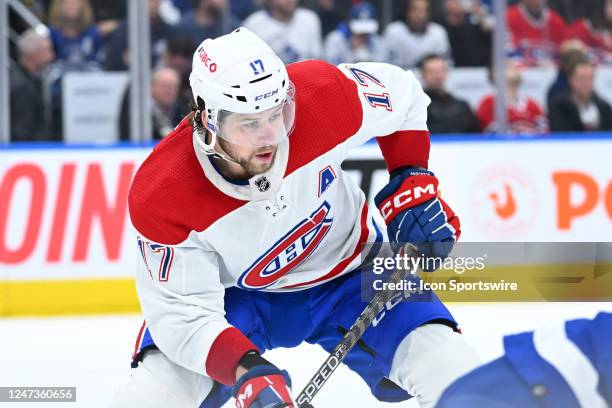 Montreal Canadiens right wing Josh Anderson reacts after the face-off was lost in the second period during the NHL regular season game between the...