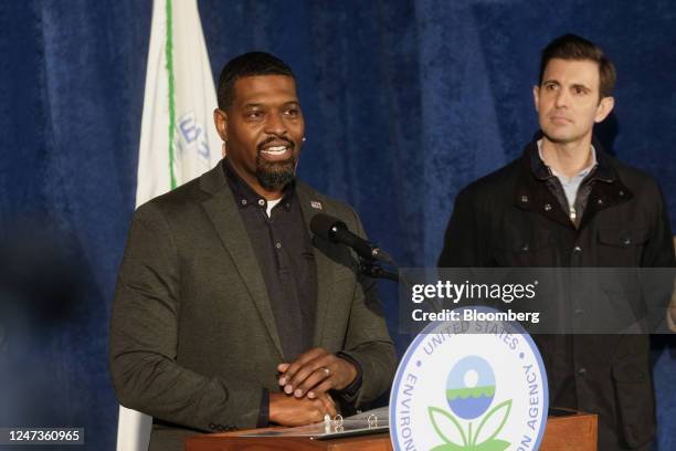 Michael Regan, administrator of the US Environmental Protection Agency , speaks during a news conference in East Palestine, Ohio, US, on Tuesday,...