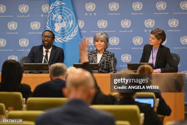 French Secretary of State for the Sea Hervé Berville, US actress and activist Jane Fonda, and Ocean and Polar advisor with Greenpeace Laura Meller...
