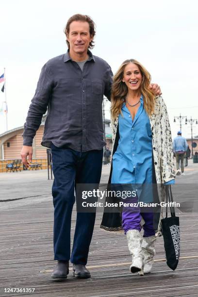 John Corbett and Sarah Jessica Parker are seen on the set of 'And Just Like That' on February 21, 2023 in New York City.