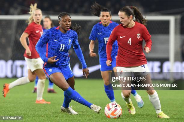 France forward Diani Kadidiatou fights for the ball with Norvegian defender Tuva Hansen during the French Tournament women's friendly football match...