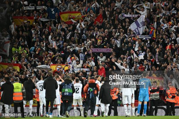 Real madrid players applaud their fans following during the UEFA Champions League last 16 first leg football match between Liverpool and Real Madrid...