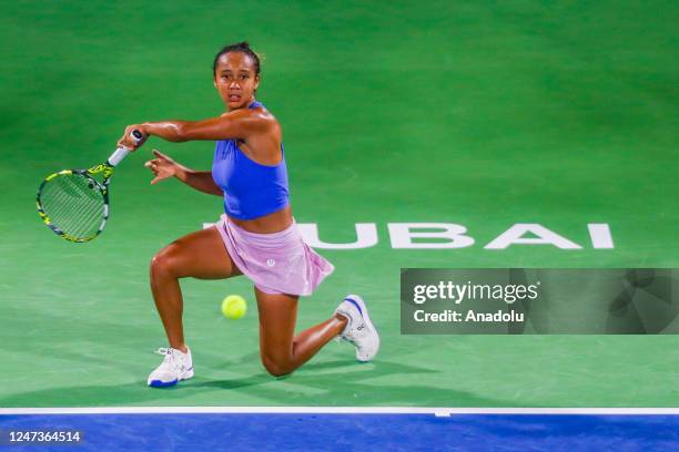 Leylah Fernandez of Canada competes with Iga Swiatek of Poland during women's single match of Dubai Duty Free Tennis Championship in Dubai, United...