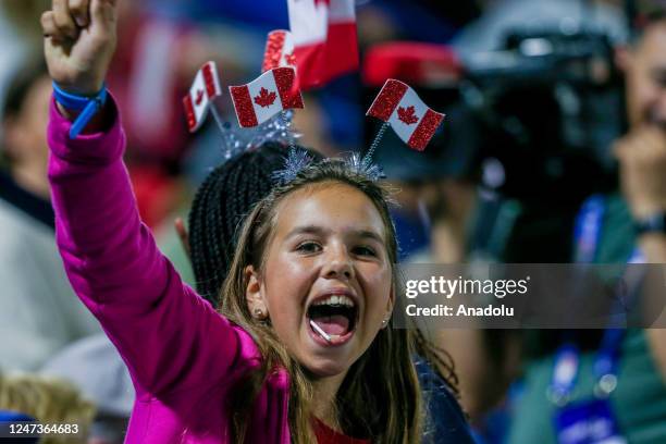 Canadian fans show their support during the women's single match at the Dubai Duty Free Tennis Championship between Leylah Fernandez of Canada and...