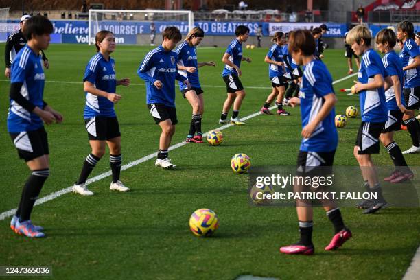 The Japan womens national football team practices skills during training ahead of the Canada vs Japan match in the SheBelives Cup at Toyota Stadium...