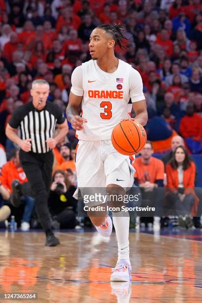 Syracuse Orange Guard Judah Mintz dribbles the ball during the second half of the College Basketball game between the Duke Blue Devils and the...