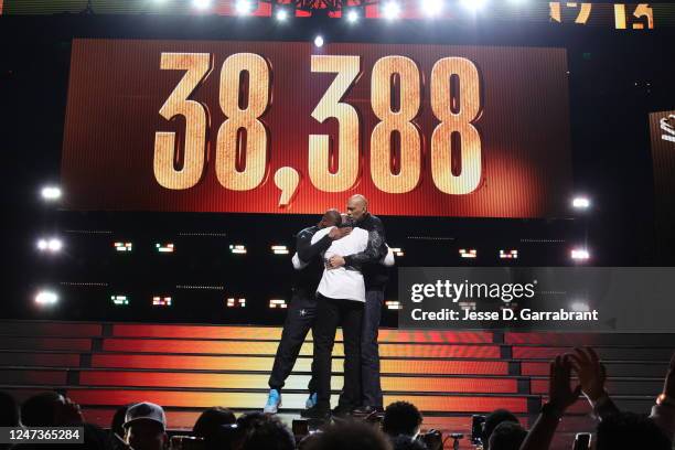 Karl Malone, LeBron James and Kareem Abdul-Jabbar are honored at halftime during the 2023 NBA All Star Game between Team Giannis and Team LeBron...