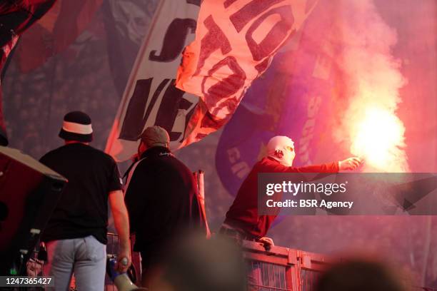 Fans and supporters with firework during the UEFA Champions League Round of 16 Leg One match between Eintracht Frankfurt and SSC Napoli at the...
