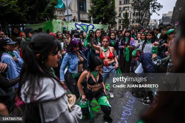 Members of feminist groups commemorate the first anniversary of the decriminalization of abortion up to 24 weeks of gestation in front of the Supreme...