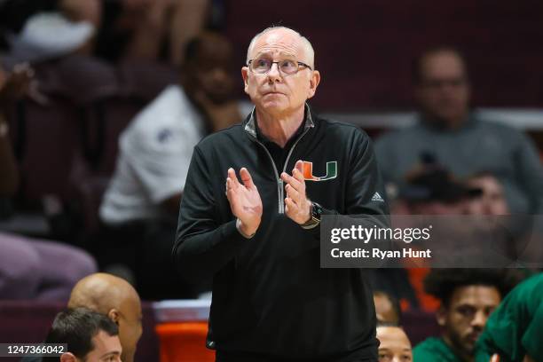 Head coach Jim Larranaga of the Miami Hurricanes reacts in the second half of a game against the Virginia Tech Hokies at Cassell Coliseum on February...