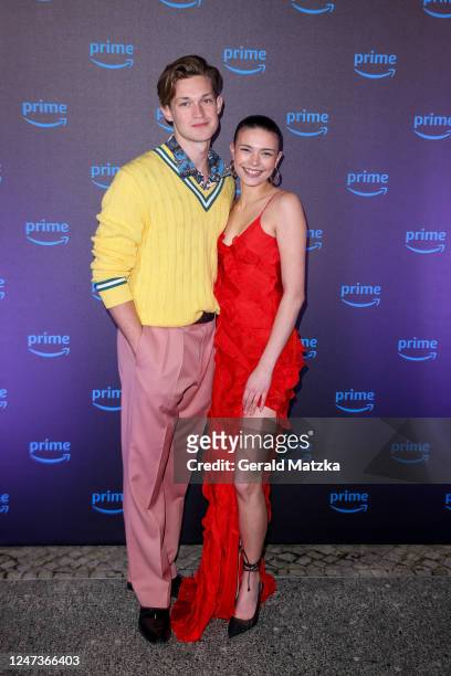 Damian Hardung and Harriet Herbig-Matten arrive for the Prime Video Dinner during the 73rd Berlinale International Film Festival at Ayoka on February...