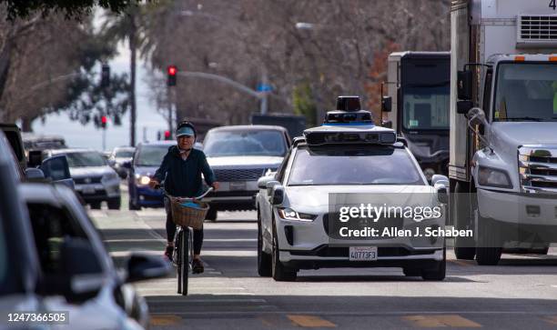 Santa Monica, CA Passengers ride in an electric Jaguar I-Pace car outfitted with Waymo full self-driving technology in Santa Monica Tuesday, Feb. 21,...