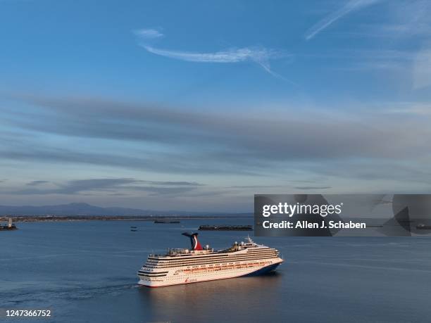 Long Beach, CA An aerial view of the Carnival Radiance, a Destiny-class cruise ship, as it heads out to sea in Long Beach at sunset Friday, Feb. 17,...