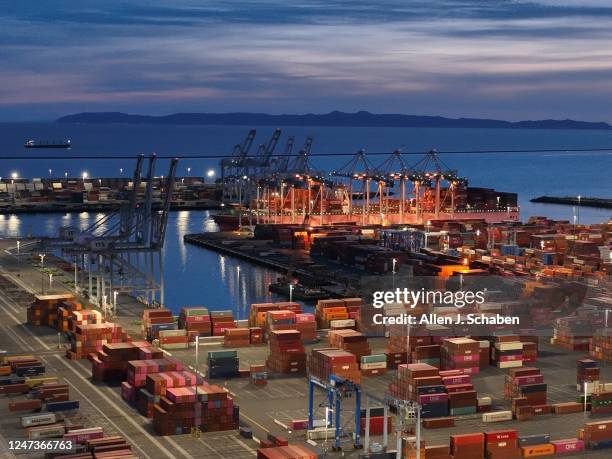 Long Beach, CA An aerial view of the Port of Long Beach at dusk Friday, Feb. 17, 2023.