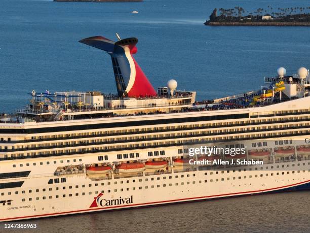 Long Beach, CA An aerial view of the Carnival Radiance, a Destiny-class cruise ship, as it heads out to sea in Long Beach at sunset Friday, Feb. 17,...