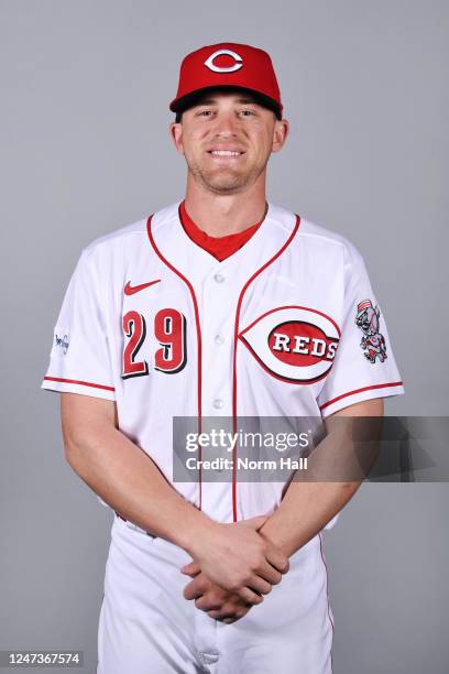 Friedl of the Cincinnati Reds poses for a photo during the Cincinnati Reds Photo Day at Goodyear Ballpark on Tuesday, February 21, 2023 in Goodyear,...