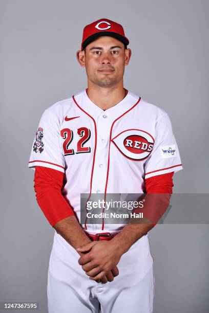 Luke Maile of the Cincinnati Reds poses for a photo during the Cincinnati Reds Photo Day at Goodyear Ballpark on Tuesday, February 21, 2023 in...