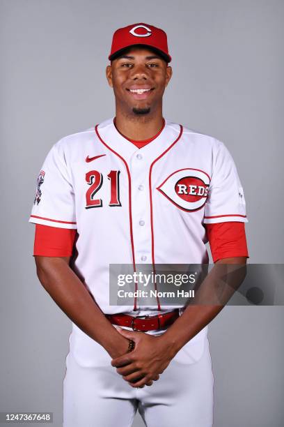 Hunter Greene of the Cincinnati Reds poses for a photo during the Cincinnati Reds Photo Day at Goodyear Ballpark on Tuesday, February 21, 2023 in...