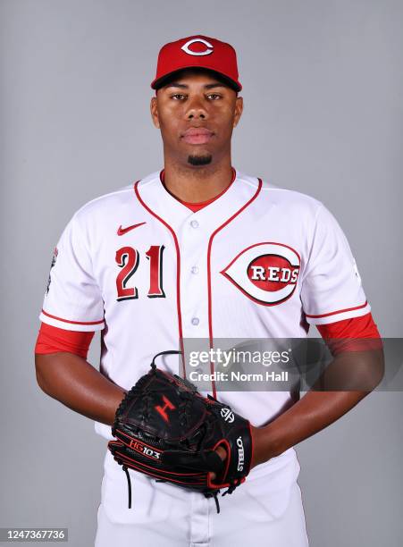 Hunter Greene of the Cincinnati Reds poses for a photo during the Cincinnati Reds Photo Day at Goodyear Ballpark on Tuesday, February 21, 2023 in...