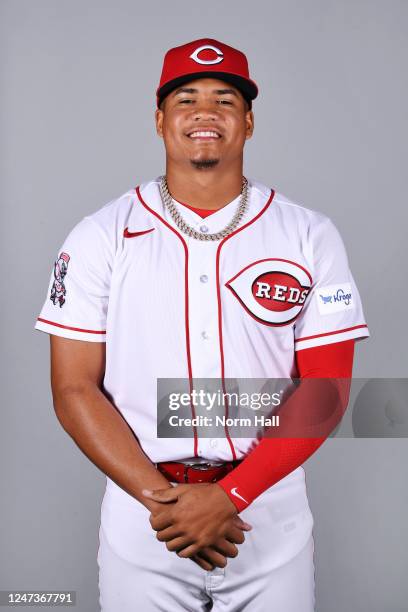 Noelvi Marte of the Cincinnati Reds poses for a photo during the Cincinnati Reds Photo Day at Goodyear Ballpark on Tuesday, February 21, 2023 in...