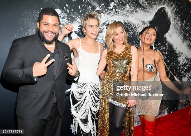 Shea Jackson Jr., Aaron Holliday, Elizabeth Banks and Kahyun Kim at the premiere of "Cocaine Bear" held at LA Live on February 21, 2023 in Los...