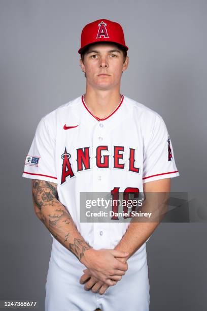 Mickey Moniak of the Los Angeles Angels poses for a photo during the Los Angeles Angels Photo Day at Tempe Diablo Stadium on Tuesday, February 21,...