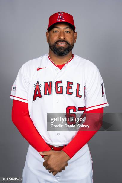 Cesar Valdez of the Los Angeles Angels poses for a photo during the Los Angeles Angels Photo Day at Tempe Diablo Stadium on Tuesday, February 21,...