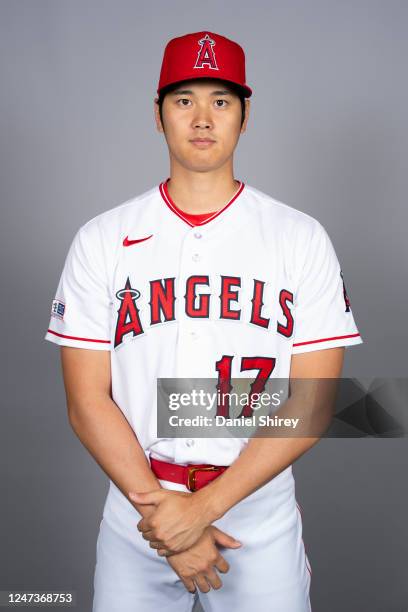 Shohei Ohtani of the Los Angeles Angels poses for a photo during the Los Angeles Angels Photo Day at Tempe Diablo Stadium on Tuesday, February 21,...