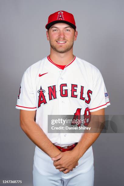 Reid Detmers of the Los Angeles Angels poses for a photo during the Los Angeles Angels Photo Day at Tempe Diablo Stadium on Tuesday, February 21,...