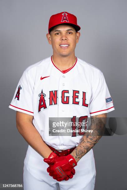 Gio Urshela of the Los Angeles Angels poses for a photo during the Los Angeles Angels Photo Day at Tempe Diablo Stadium on Tuesday, February 21, 2023...