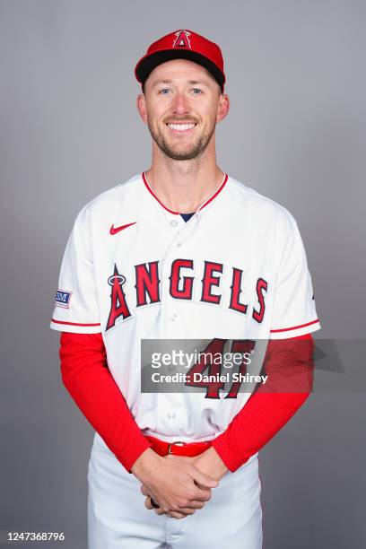 Griffin Canning of the Los Angeles Angels poses for a photo during the Los Angeles Angels Photo Day at Tempe Diablo Stadium on Tuesday, February 21,...