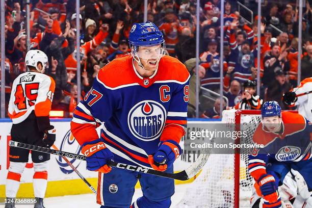 Edmonton Oilers Center Connor McDavid celebrates a power play goal in the third period of the Edmonton Oilers game versus the Philadelphia Flyers on...