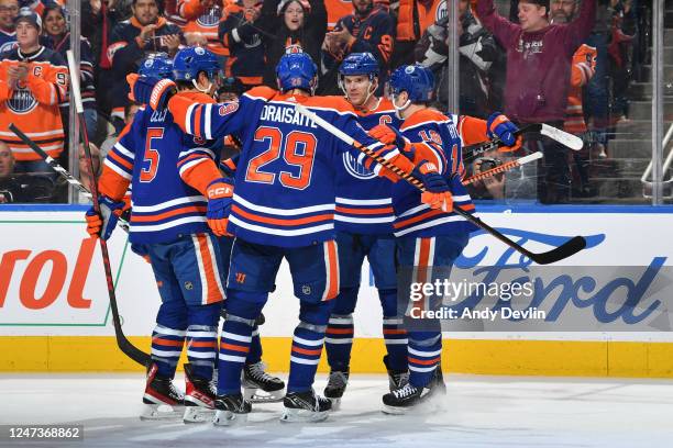 Connor McDavid of the Edmonton Oilers celebrates after his third period goal against the Philadelphia Flyers with Zach Hyman, Leon Draisaitl, Cody...