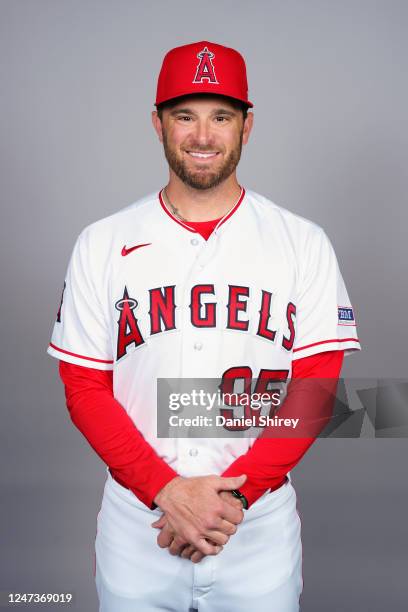 Drew Butera of the Los Angeles Angels poses for a photo during the Los Angeles Angels Photo Day at Tempe Diablo Stadium on Tuesday, February 21, 2023...