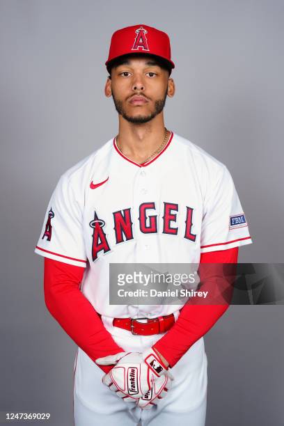 Jeremiah Jackson of the Los Angeles Angels poses for a photo during the Los Angeles Angels Photo Day at Tempe Diablo Stadium on Tuesday, February 21,...