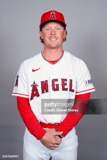 Myles Emmerson of the Los Angeles Angels poses for a photo during the Los Angeles Angels Photo Day at Tempe Diablo Stadium on Tuesday, February 21,...