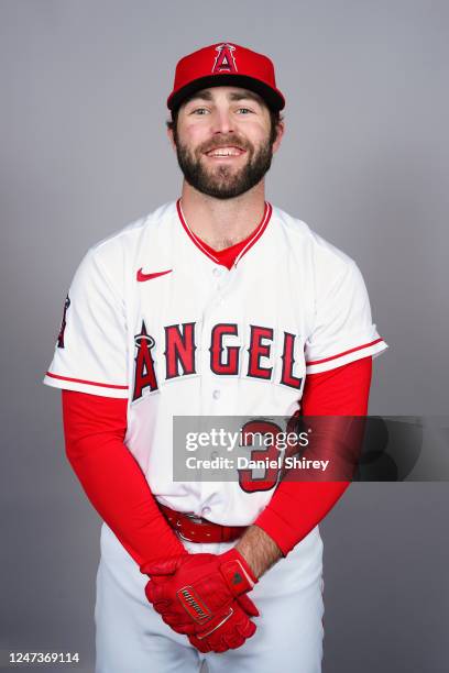 Michael Stefanic of the Los Angeles Angels poses for a photo during the Los Angeles Angels Photo Day at Tempe Diablo Stadium on Tuesday, February 21,...