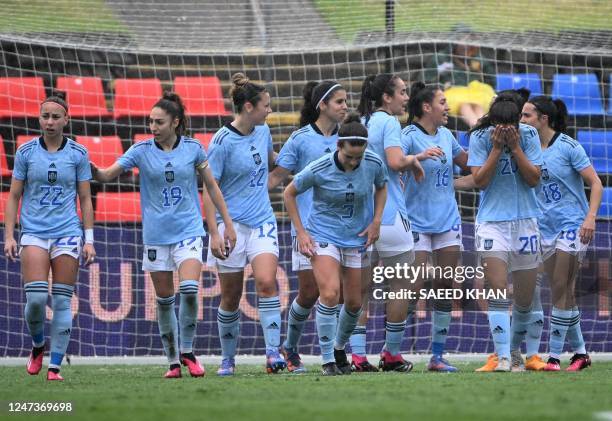 Spains players celebrate their third goal during the 2023 Cup of Nations womens football match between Spain and the Czech Republic in Newcastle on...