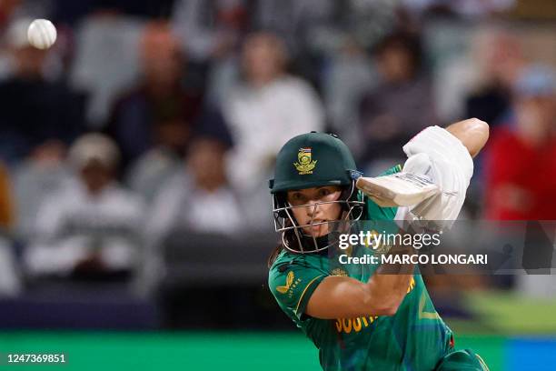 South Africa's Tazmin Brits plays a shot during the Group A T20 women's World Cup cricket match between South Africa and Bangladesh at Newlands...
