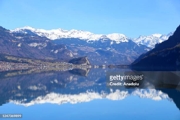 View of Lake Brienz, a tourist attraction center, during winter in Bern, Switzerland on February 22, 2023.