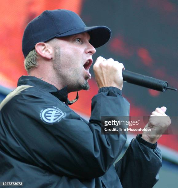Fred Durst of Limp Bizkit performs during the" Summer Sanitarium" tour at 3Com Park on August 10, 2003 in San Francisco, California.
