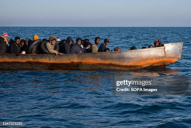 Group of 40 migrants waits for the rescue team of the humanitarian vessel Aita Mari to hand them life jackets. At around 7:30 a.m. On Tuesday, 21...