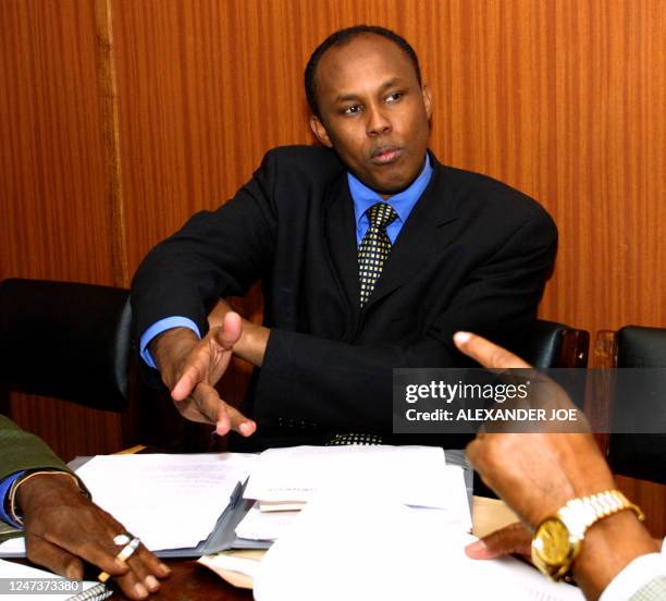 Leader of Somali Reconciliation & Restoration council , Hussein Mohammed Aidid and his Co-Chairman Mowlid Mohamoud speak to the press 06 July 2001,...
